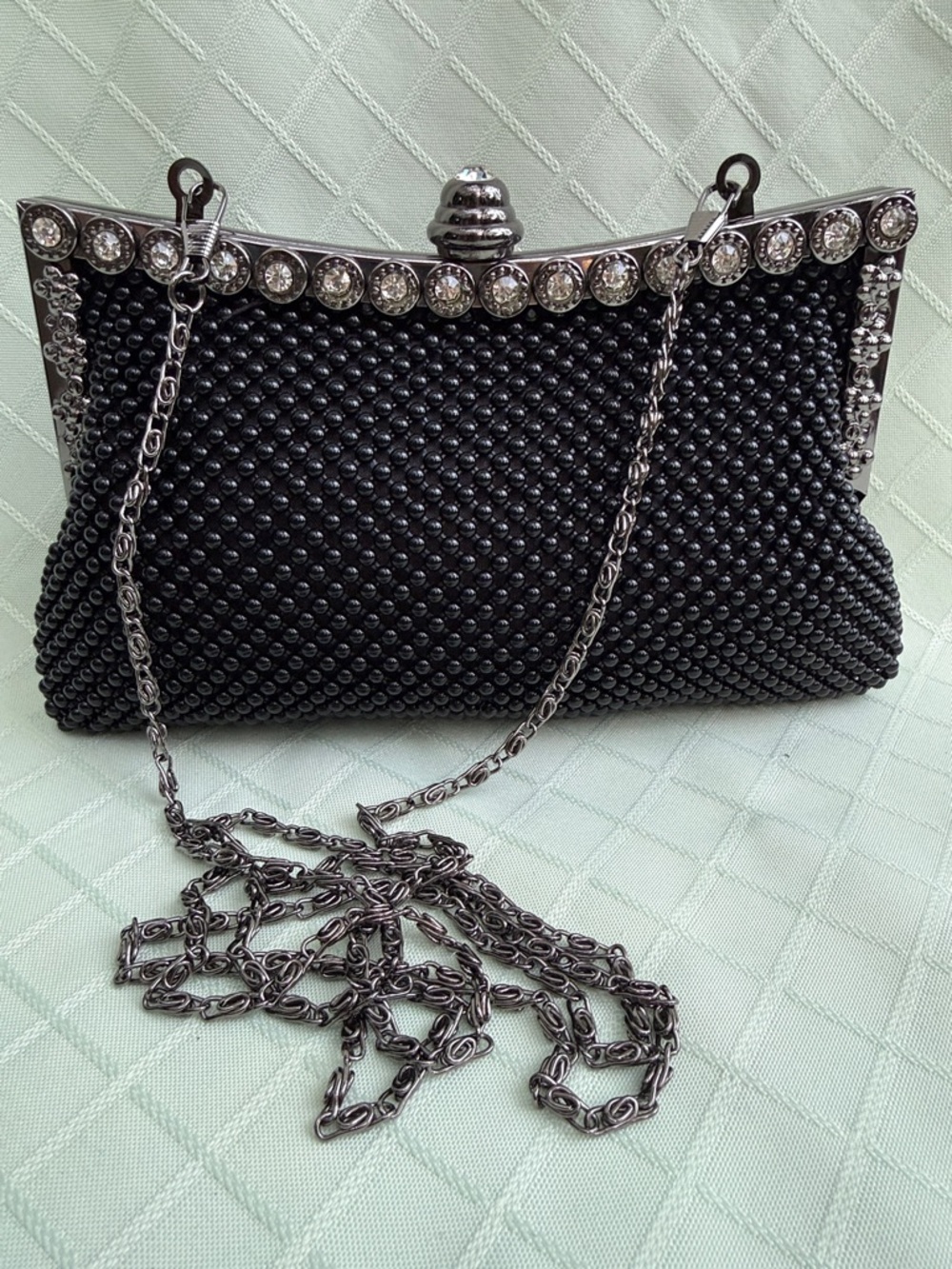 New Vintage Elegant Black Beaded Evening Clutch/Crossbody with Rhinestone Frame